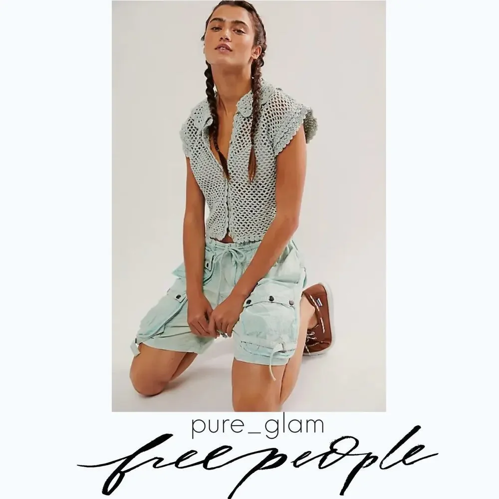 Free People crochet top open knit button-front